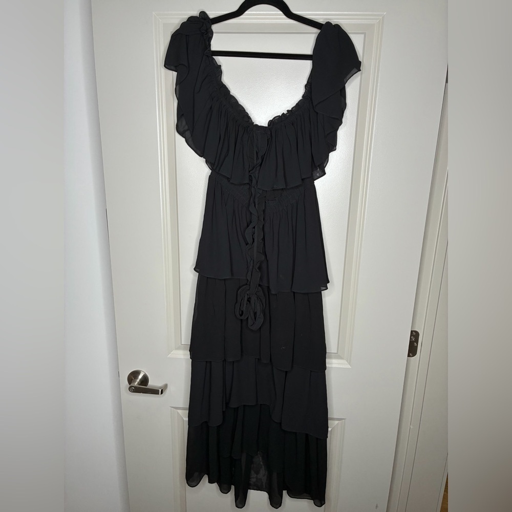 Misa Los Angeles Off the Shoulder Ruffle Tiered Maxi Dress Halter Neck Black XS